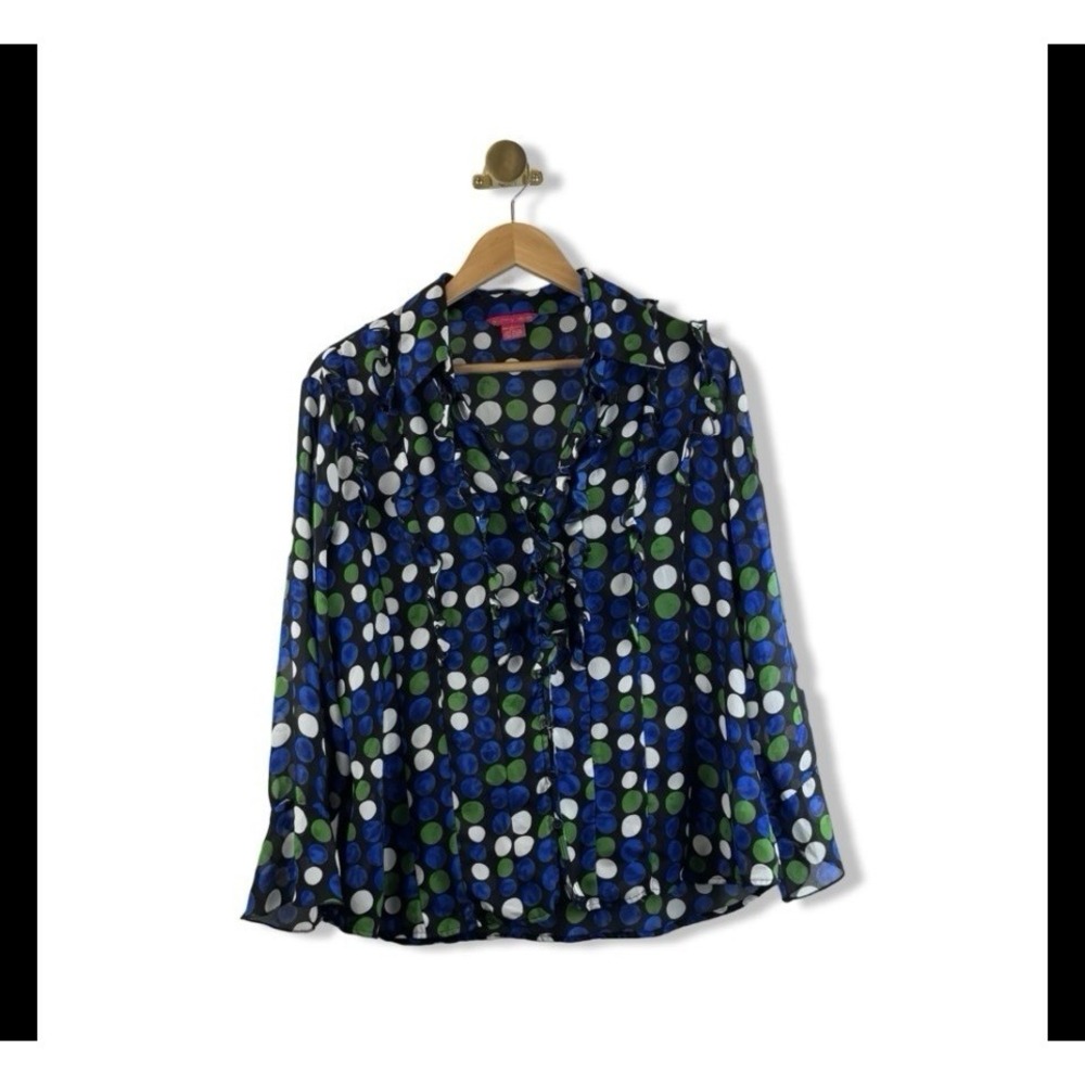 VTG Y2K Sunny Leigh Polka Dot Black Blue Pleated Wrap Blouse Ruffle Trim Size 1X